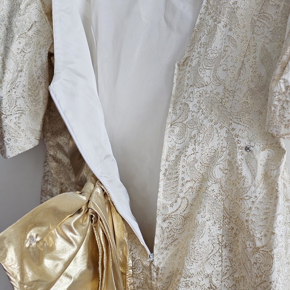 Vintage 80s Handmade Gold Brocade Cocktail Dress Puff Sleeve Statement Bow Back - Picture 11 of 16